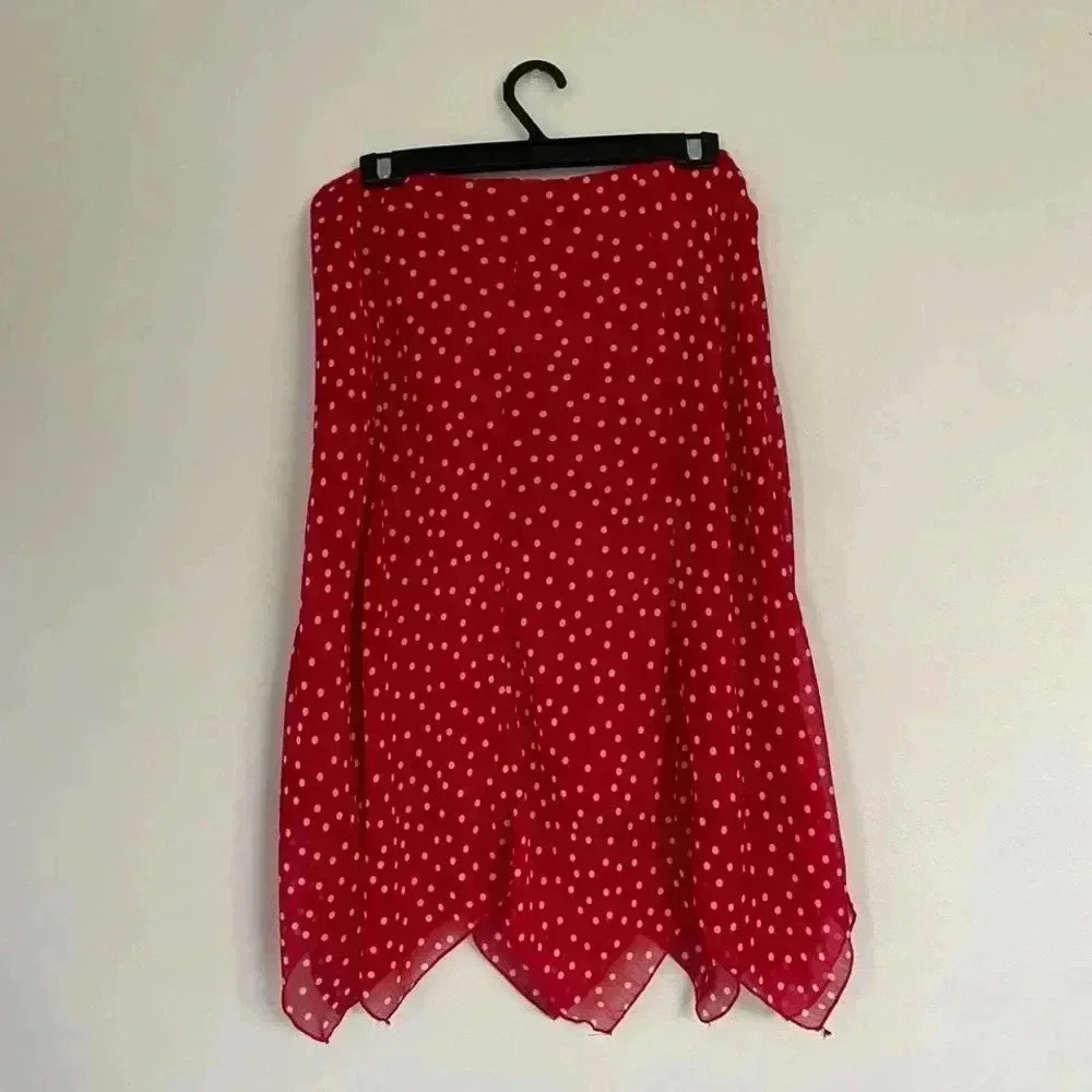 Red & white polka dot chiffon handkerchief hem midi/maxi skirt.